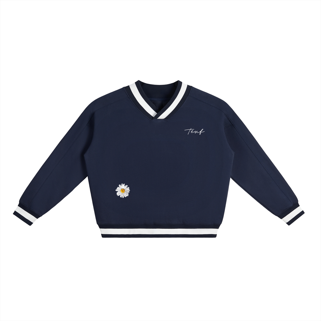 V-Neck Contrast Collar Boxy Sweatshirt